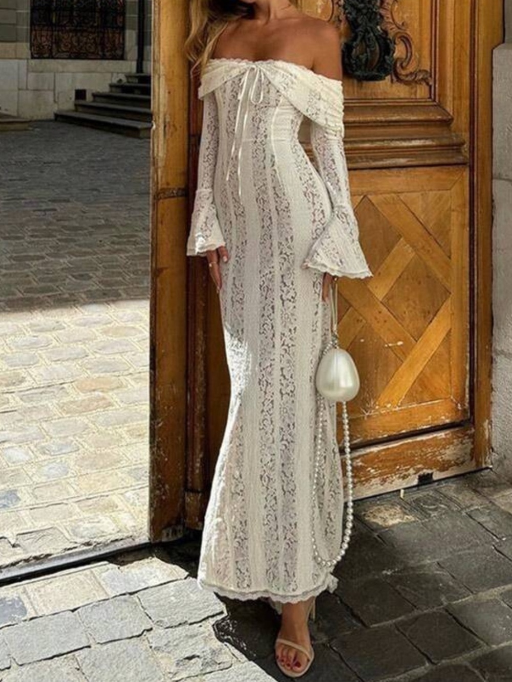 Off-Shoulder White Lace Maxi Dress with Flared Sleeves